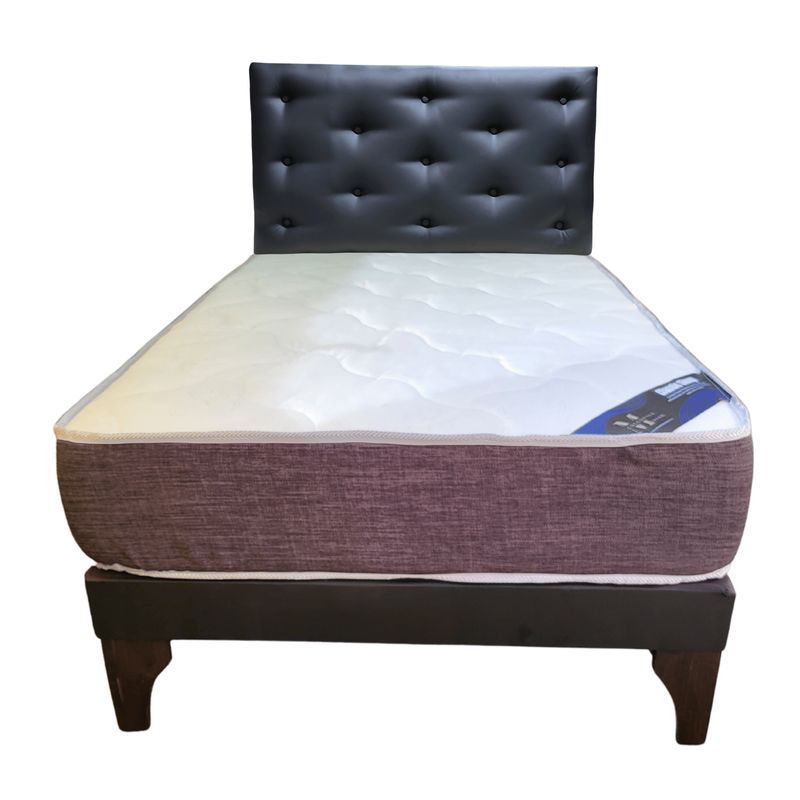GENERICO - Cama Europea 1 1/2P Respaldo Negro Eco Cuero Colchón Resorte Bonnell
