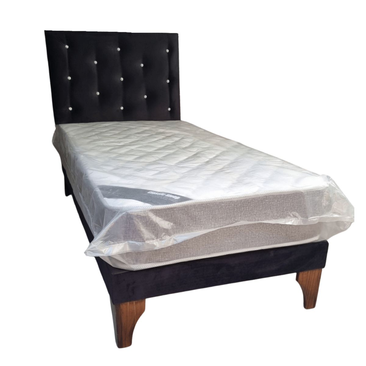 GENERICO - Cama Europea 1 1/2P Respaldo Negro Felpa Colchón Resorte Bonnell