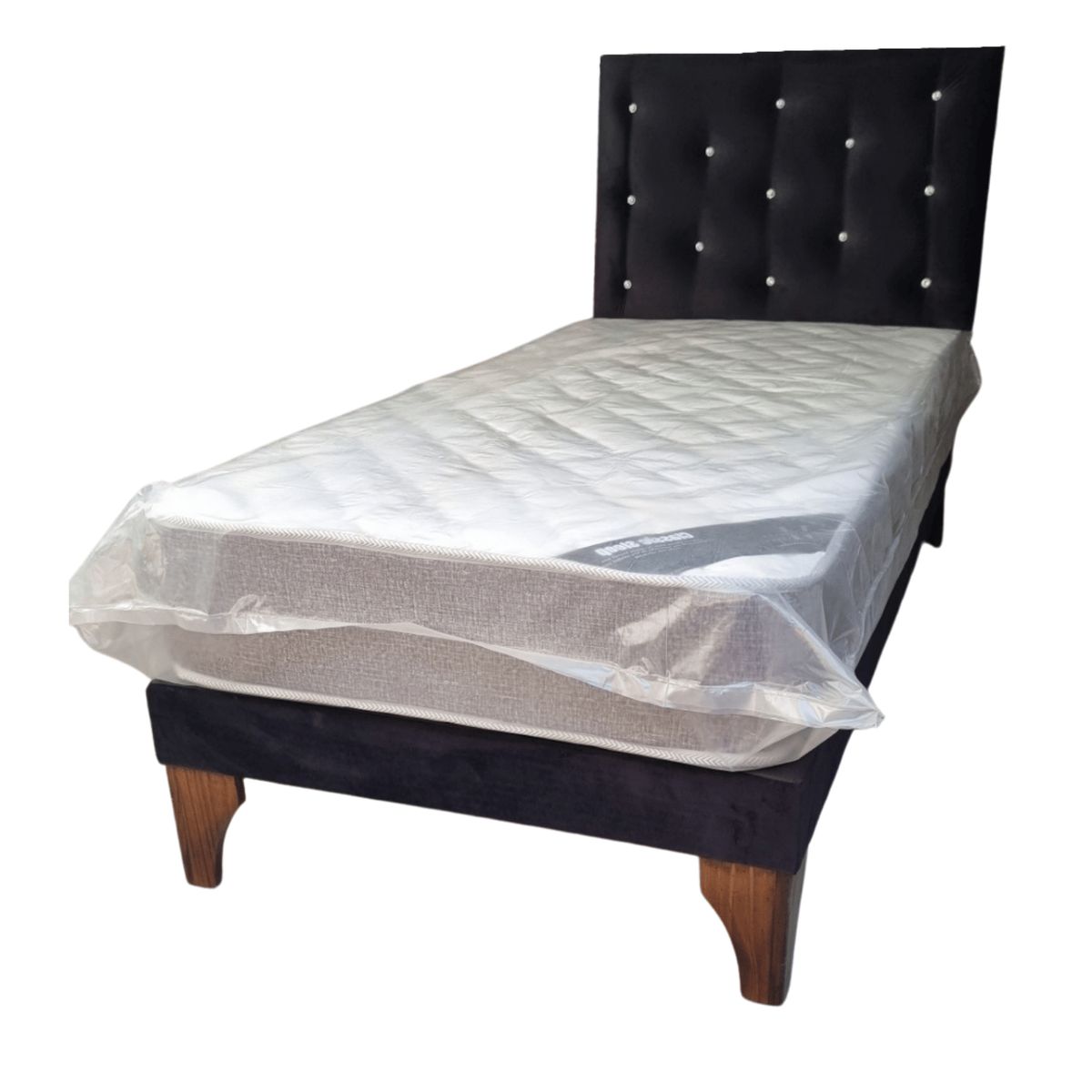 GENERICO - Cama Europea 1 1/2P Respaldo Negro Felpa Colchón Resorte Bonnell