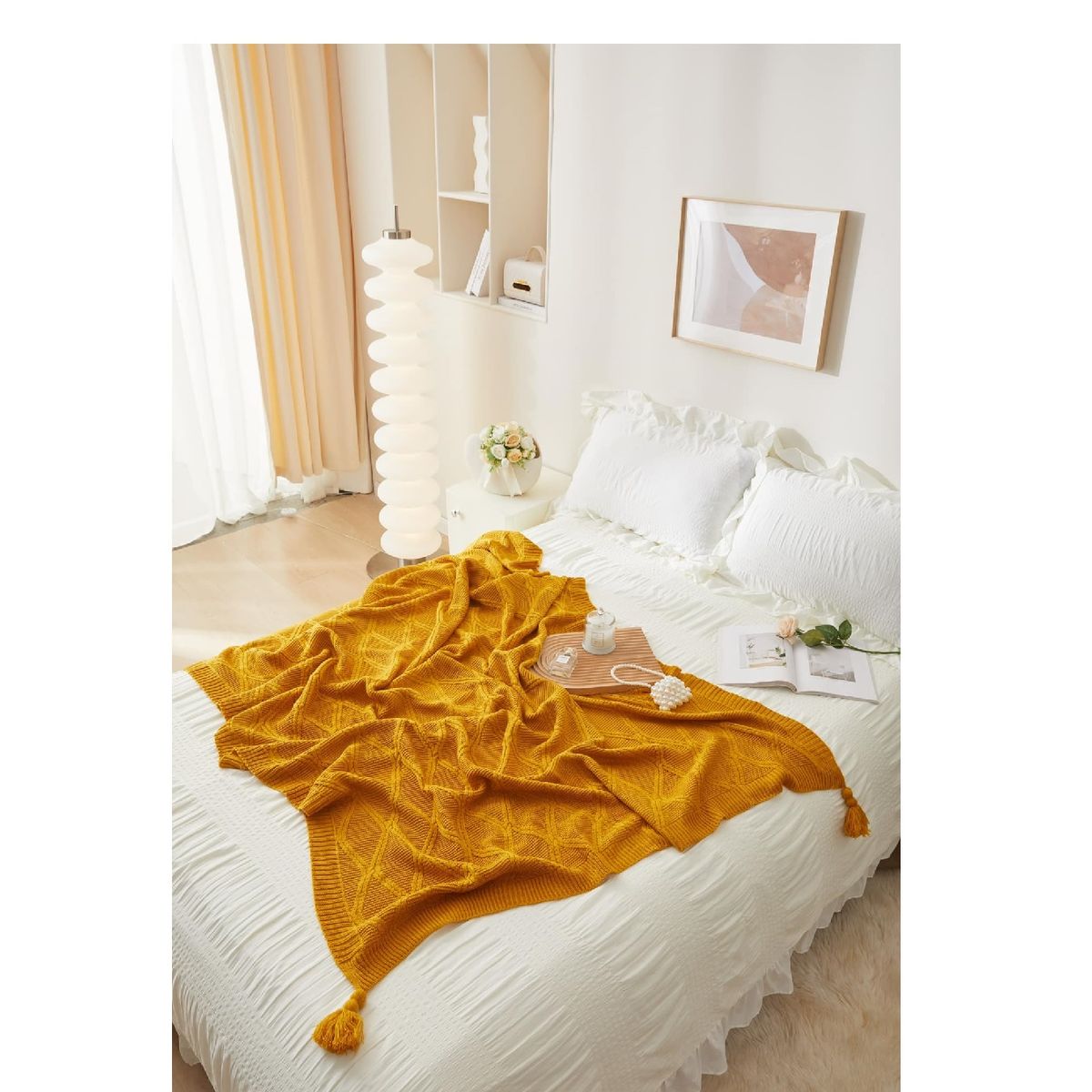 ANGELES DEL HOGAR - Manta Piecera con Ponpones Mostaza