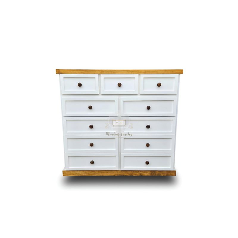 RUSTIC STYLE - COMODA DE 11 CAJONES BLANCA PETIRIBI Y NOGAL
