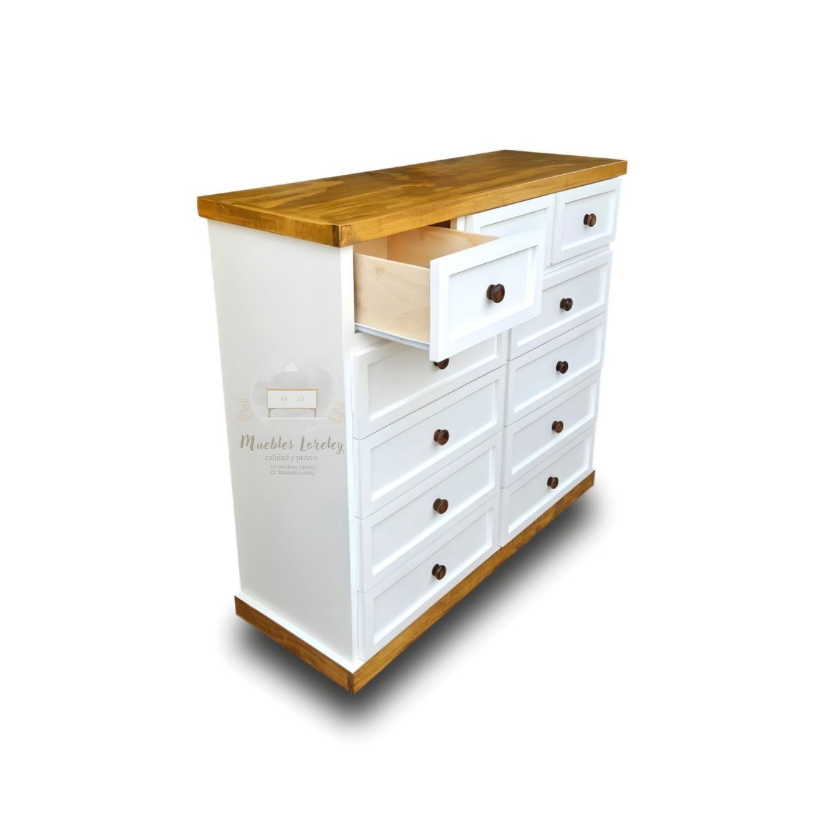 RUSTIC STYLE - COMODA MADERA DE 11 CAJONES BLANCA PETIRIBI Y NOGAL