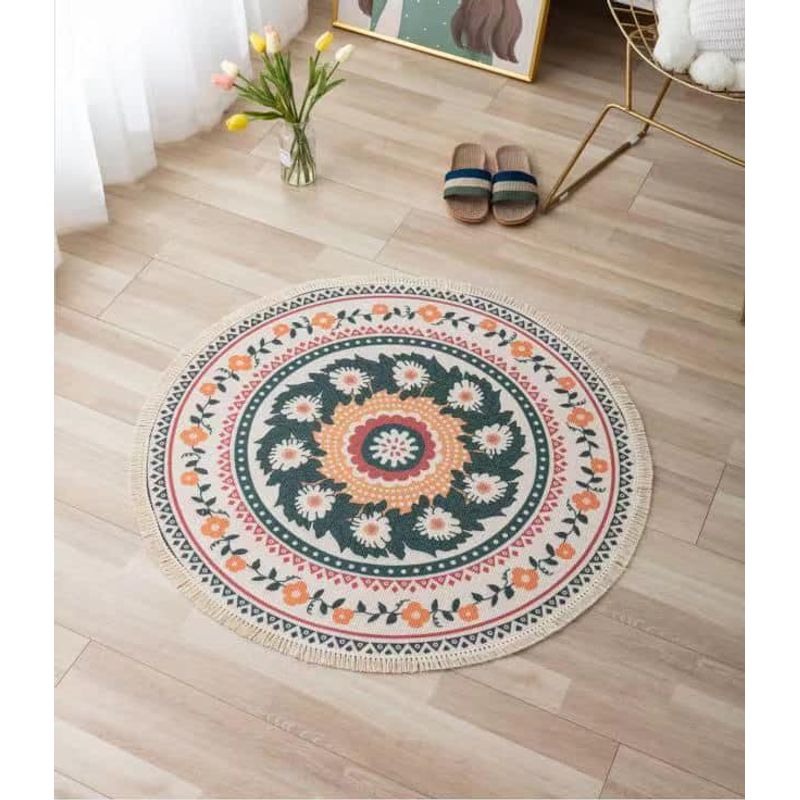 ANGELES DEL HOGAR - Alfombra Lino Algodón Redonda 120 cm Etnico
