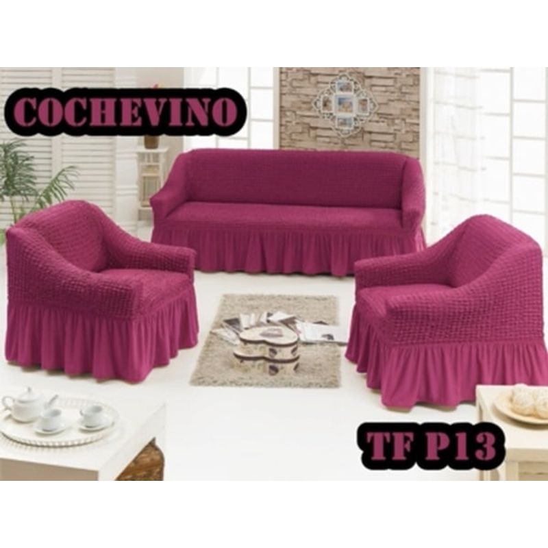 ANGELES DEL HOGAR - Pack Fundas Cubresillon Sofa Turco Cuadrille 3+ 1+1 Cuerpos Vino
