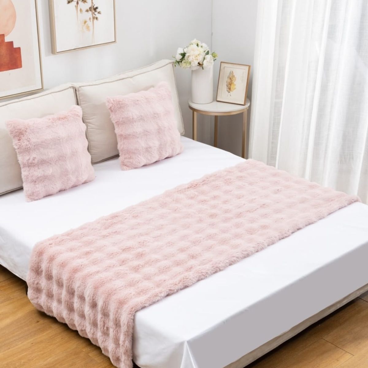 ANGELES DEL HOGAR - Piecera Peludas  2 plazasKing + 2 fundas de cojin Rosa