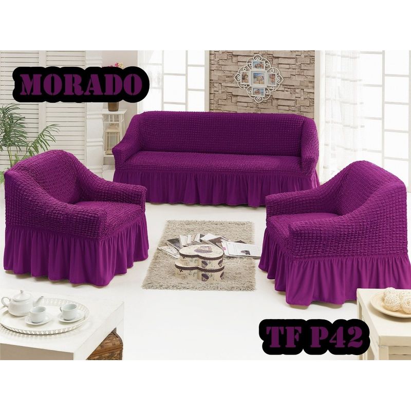 ANGELES DEL HOGAR - Pack Fundas Cubresillon Sofa Turco Cuadrille  3+ 1+1 Cuerpos  Morado
