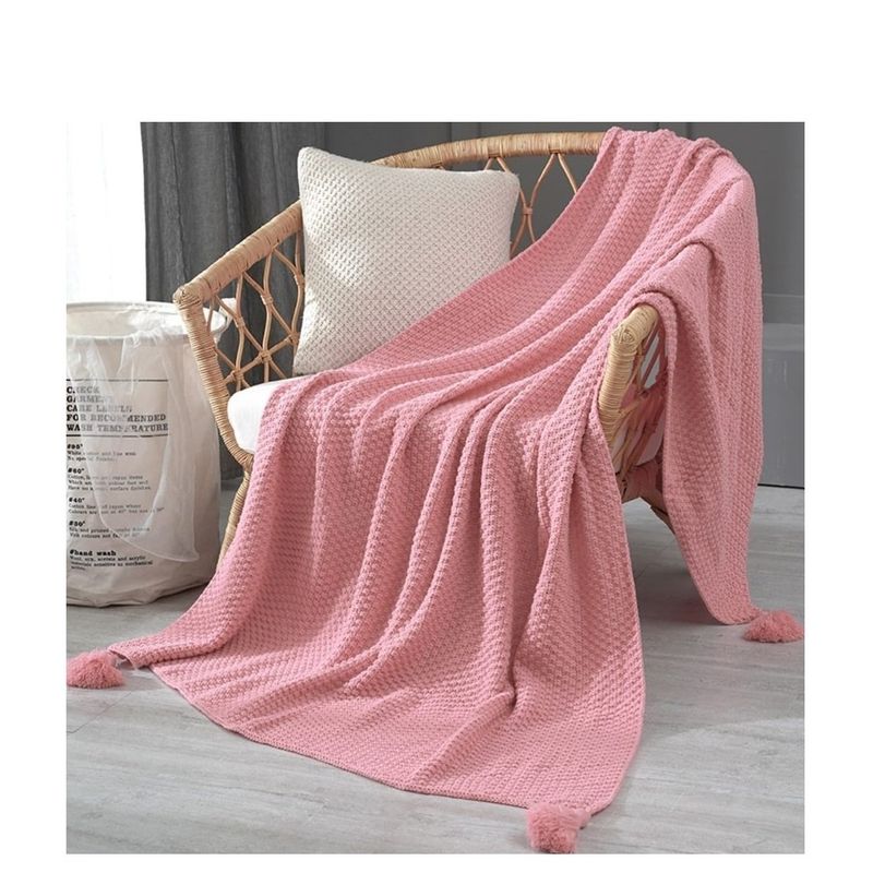 ANGELES DEL HOGAR - Manta de Sofa Con Ponpones 130 cm x 150 cm Rosa
