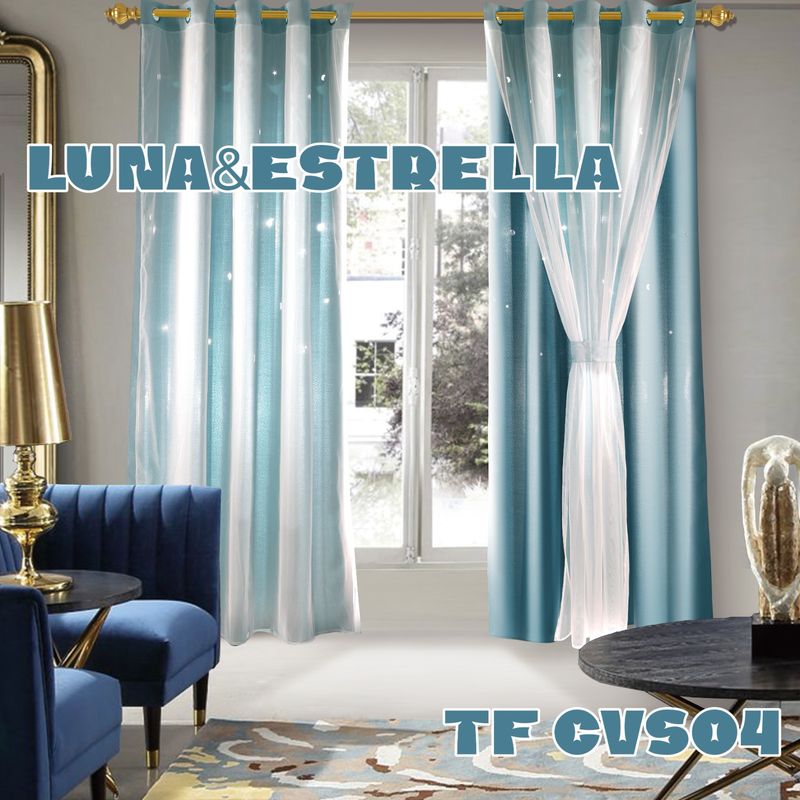ANGELES DEL HOGAR - Cortina Con Visillo diseño Luna y Estrellas 2 Paños Azul