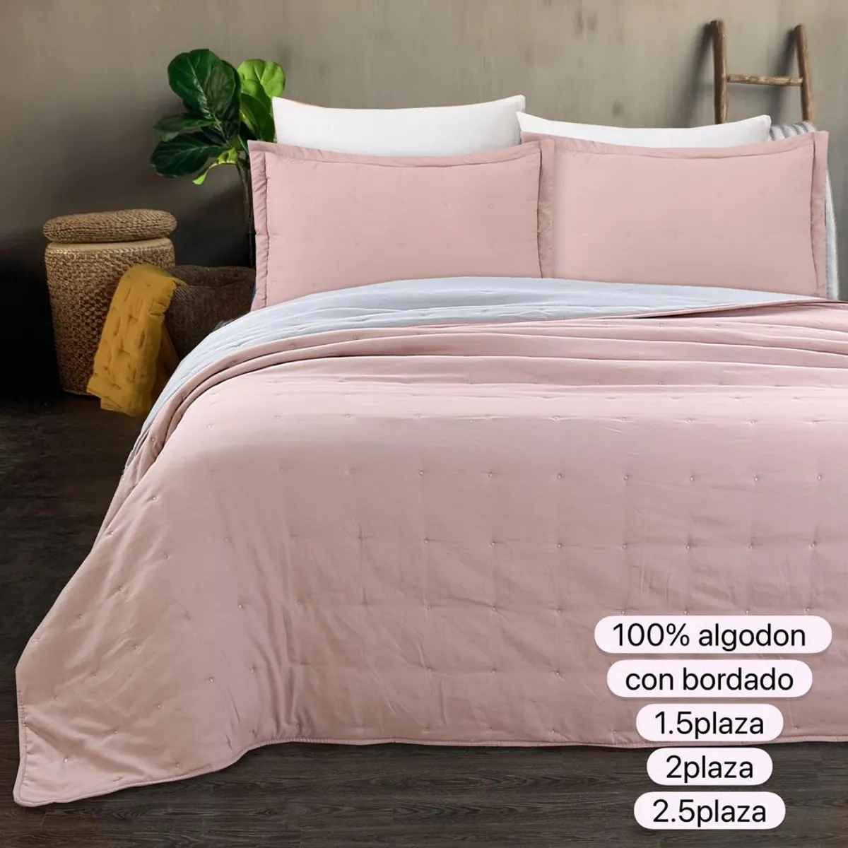ANGELES DEL HOGAR - Cobertor de Verano Algodón Liso Bordado 2  Plazas  Rosa claro