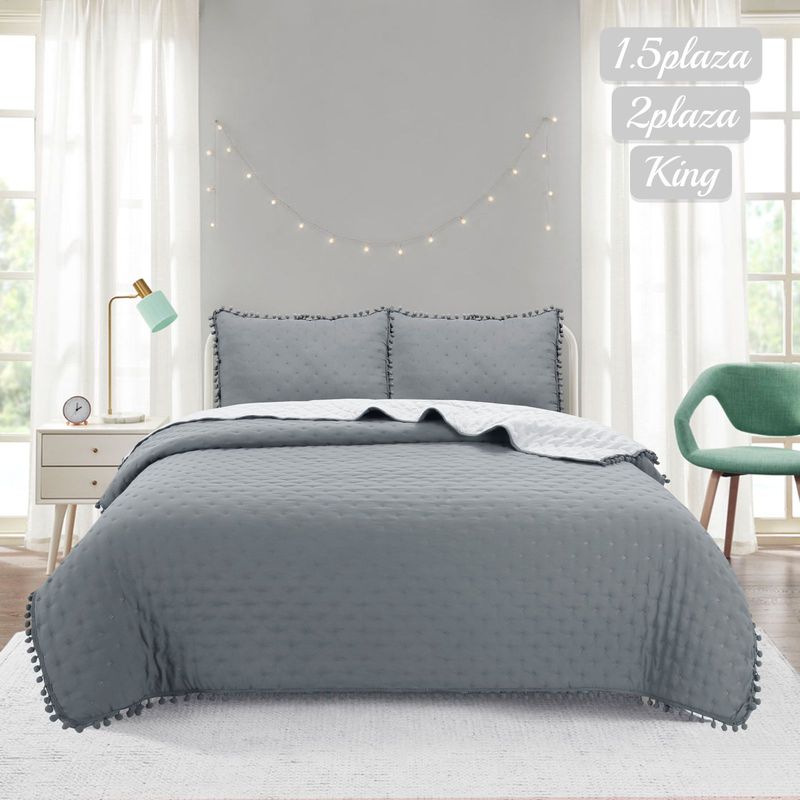 ANGELES DEL HOGAR - Cobertor de Verano AlgodonCon Pompon King Gris