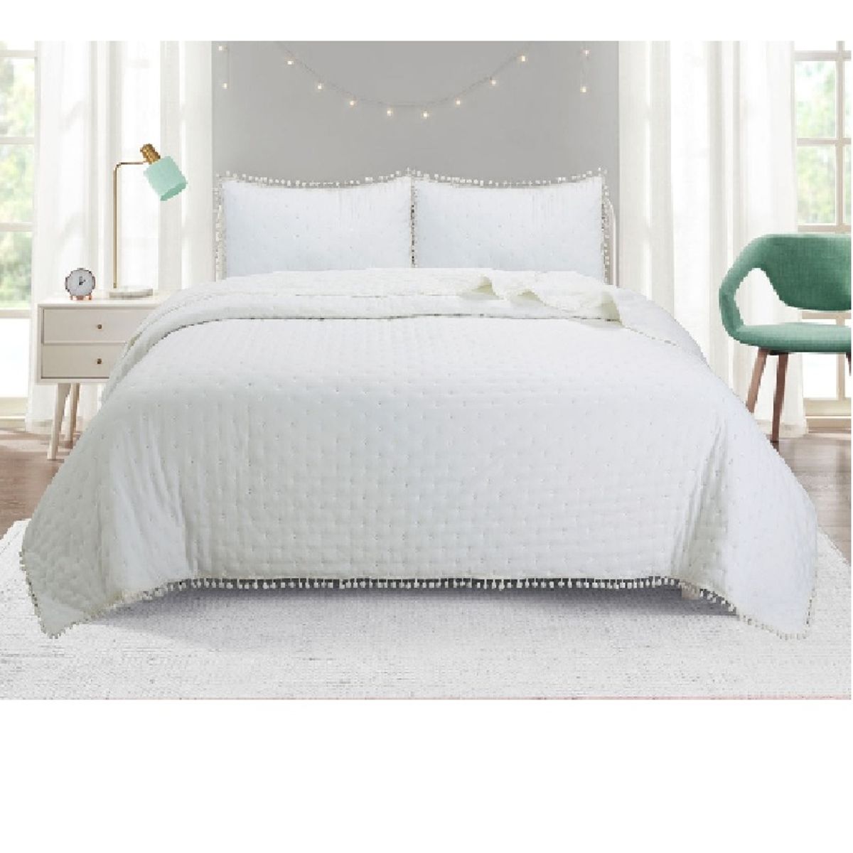 ANGELES DEL HOGAR - Cobertor de Verano Algodon Con Pompon  Plaza y Media Blanco