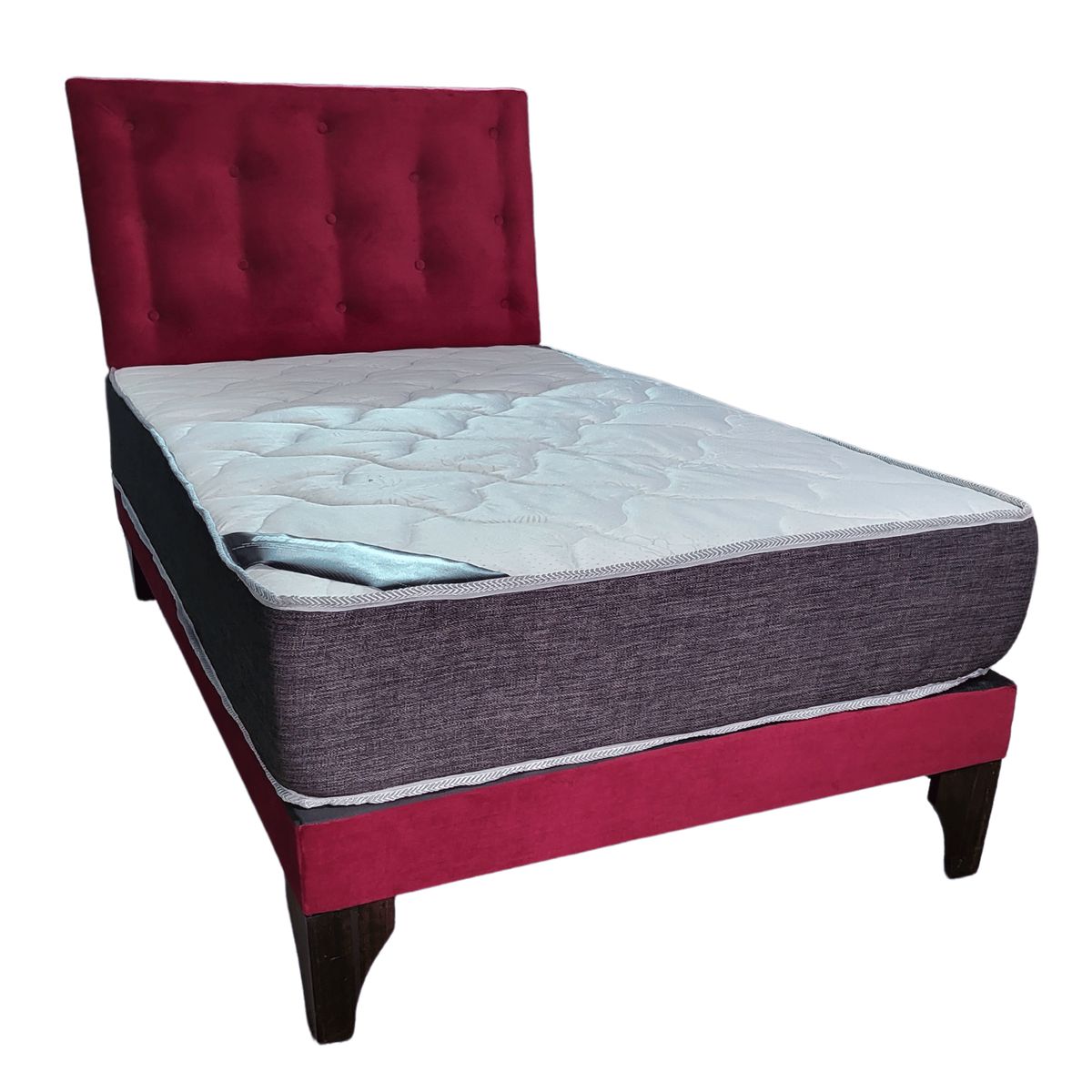 GENERICO - Cama Europea 1 1/2P Respaldo Burdeo Felpa Colchón Resorte Bonnell