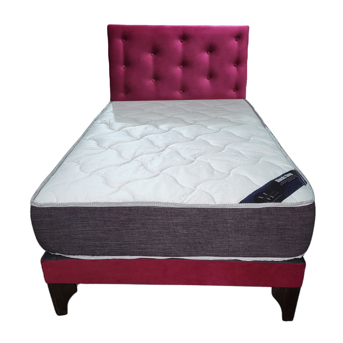 GENERICO - Cama Europea 1 1/2P Respaldo Burdeo Felpa Colchón Resorte Bonnell