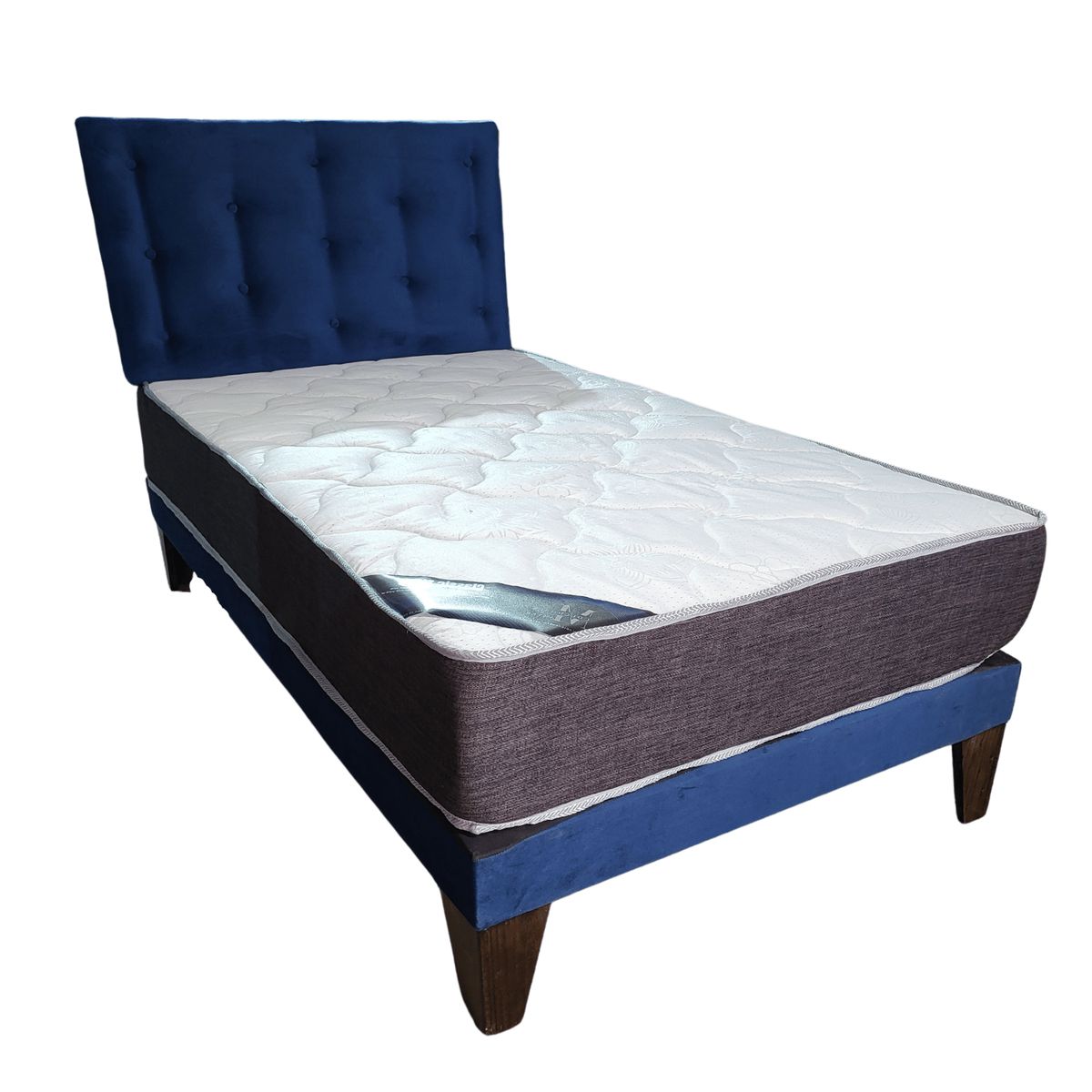 GENERICO - Cama Europea 1 1/2 Plaza Respaldo Azul Marino Felpa Colchón Resorte