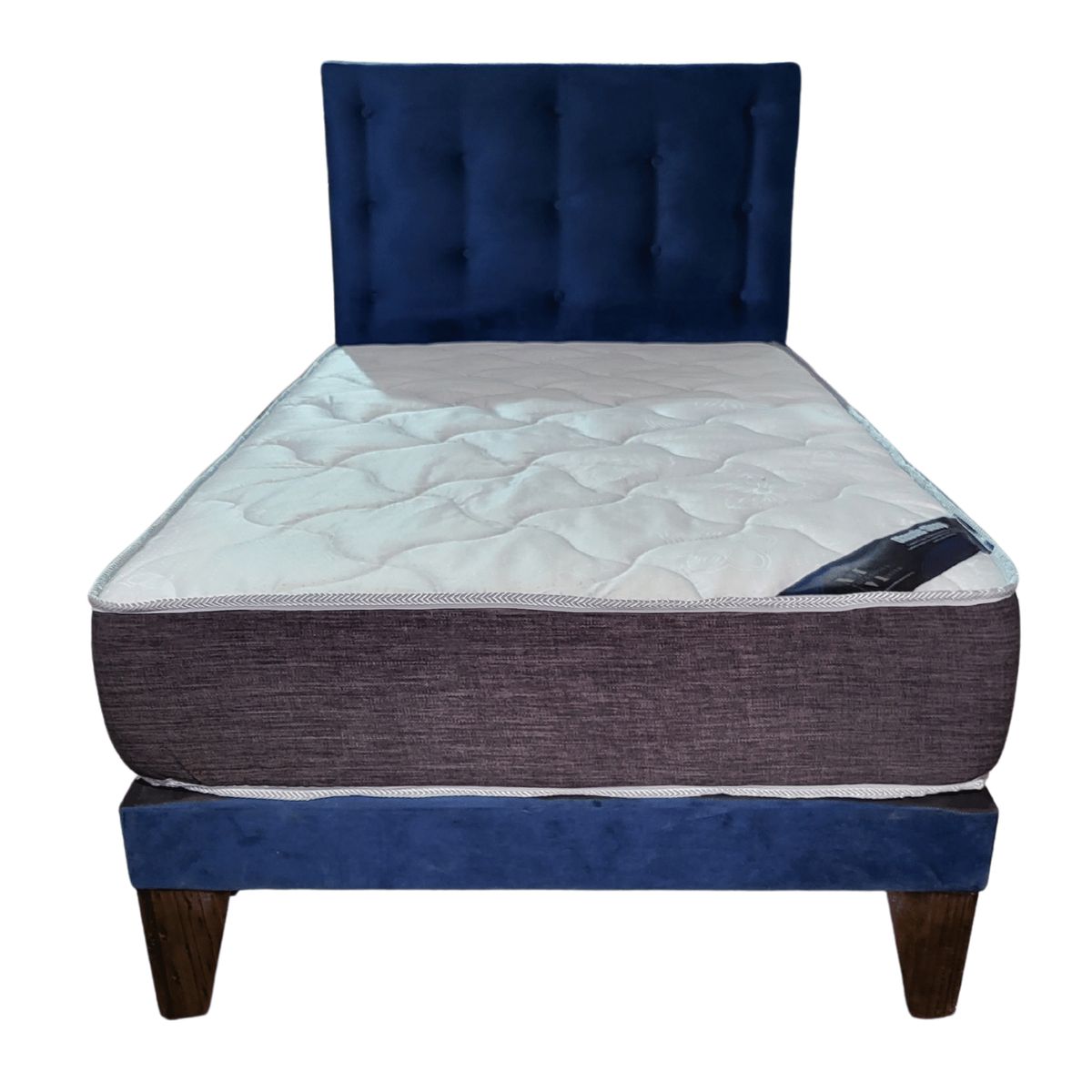 GENERICO - Cama Europea 1 1/2 Plaza Respaldo Azul Marino Felpa Colchón Resorte