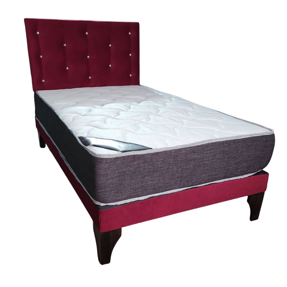 GENERICO - Cama Europea 1 1/2 Plaza Respaldo Burdeo Felpa Diam Colchón Resorte