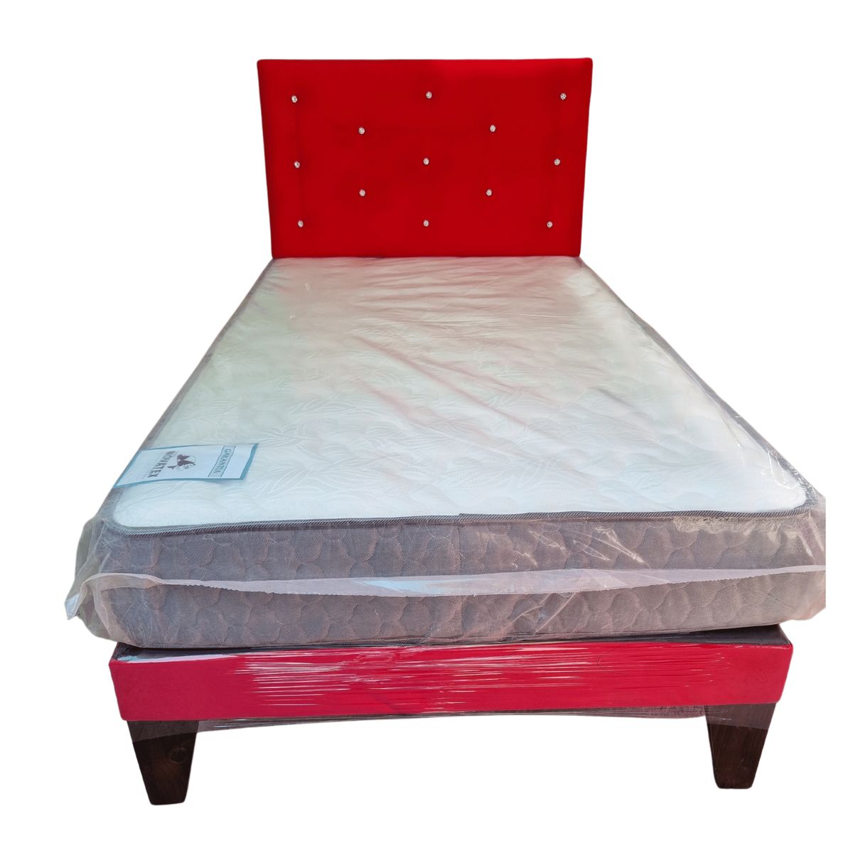 GENERICO - Cama Europea 1 1/2P Respaldo Rojo Felpa Diamante Colchón Resorte