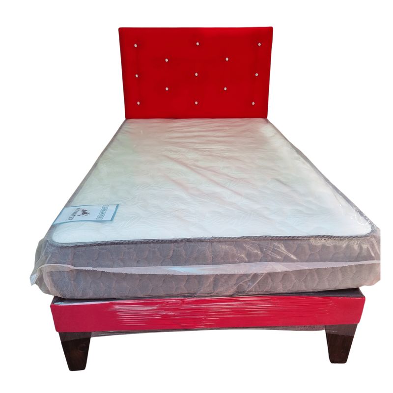 GENERICO - Cama Europea 1 1/2P Respaldo Rojo Felpa Diamante Colchón Resorte