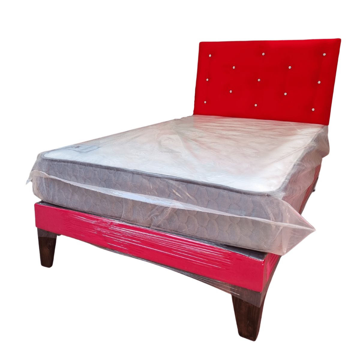 GENERICO - Cama Europea 1 1/2P Respaldo Rojo Felpa Diamante Colchón Resorte