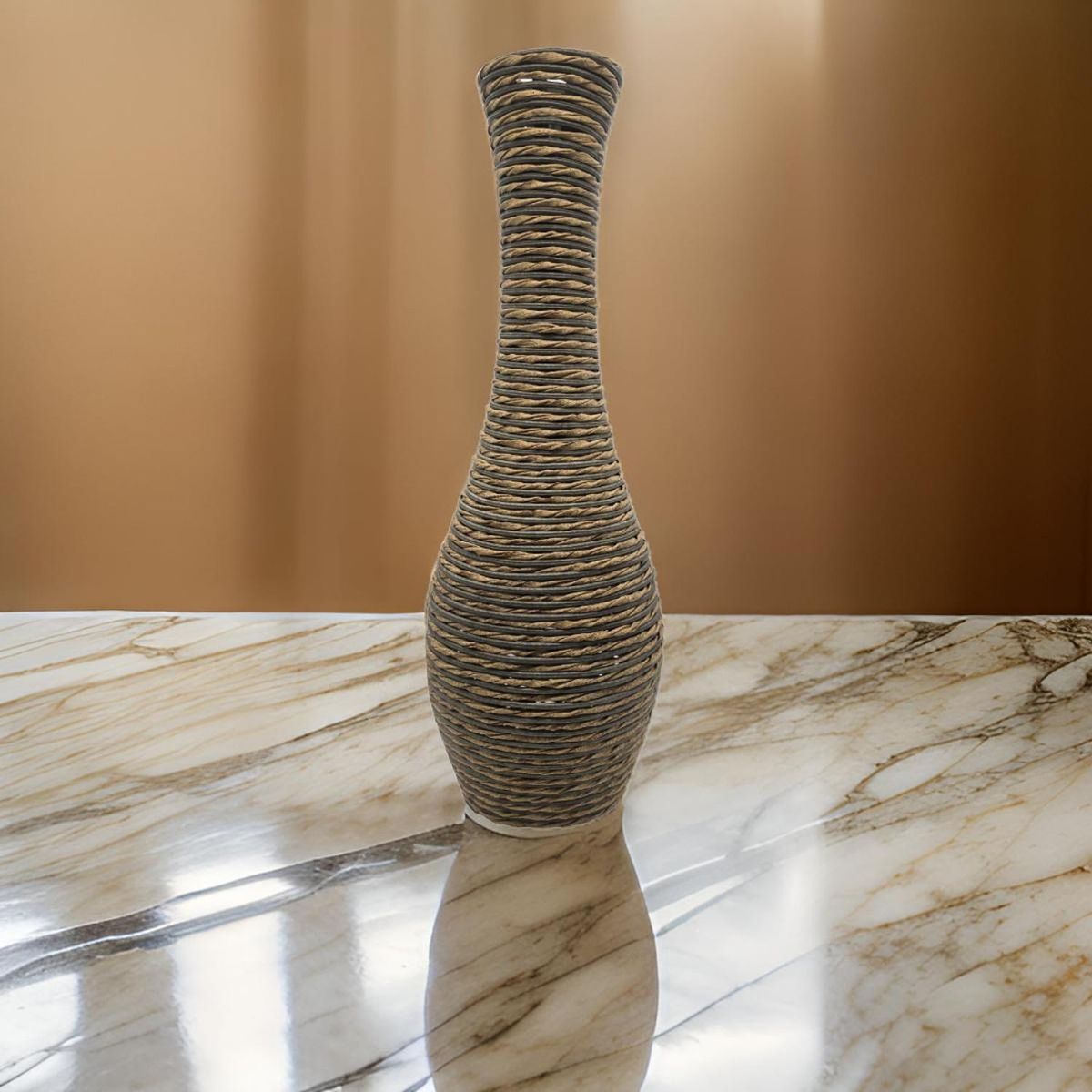 GENERICO - Jarron Florero Decorativo Tejido Rattan Moderno Café 60 CM.