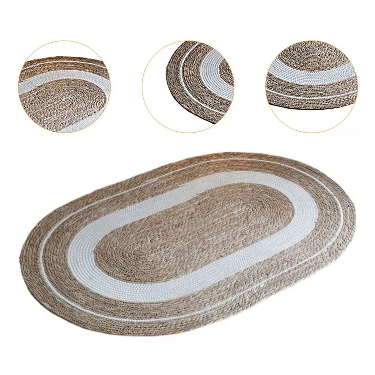 GENERICO - Alfombra De Yute Rustica Ovalada Natural Con Franja Blanca M
