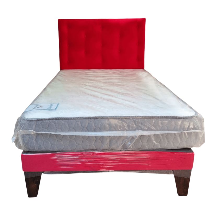 GENERICO - Cama Europea 1 1/2P Respaldo Rojo Felpa Colchón Resorte