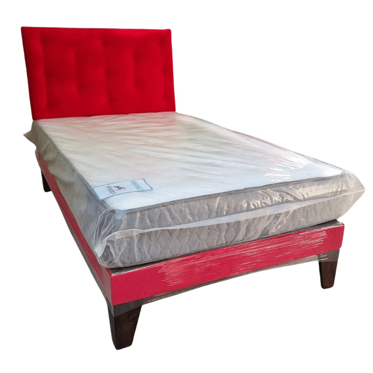 GENERICO - Cama Europea 1 1/2P Respaldo Rojo Felpa Colchón Resorte