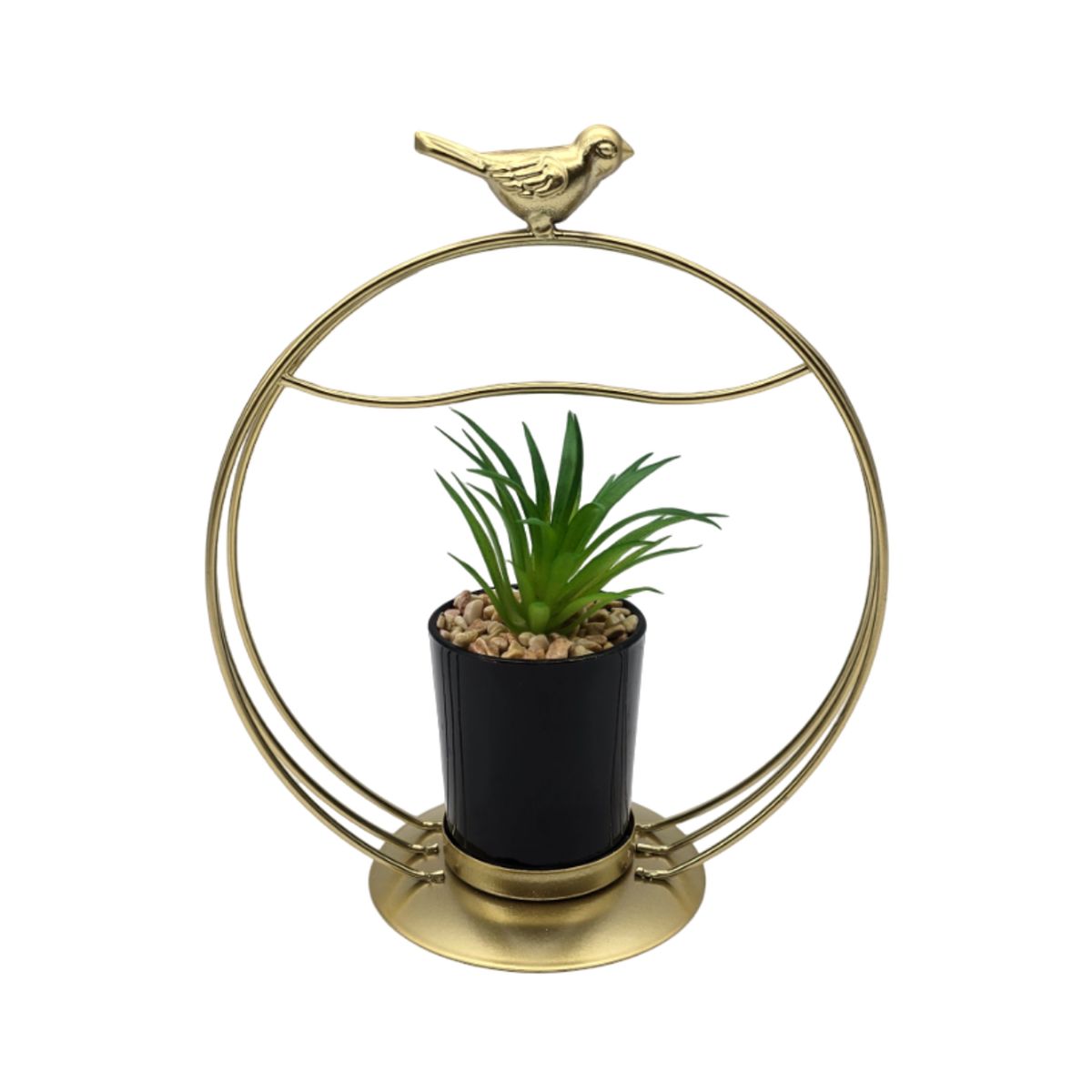 GENERICO - Figura Decorativa Candelabro Pajarito Dorado Con Mini Planta