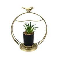 Figura Decorativa Candelabro Pajarito Dorado Con Mini Planta