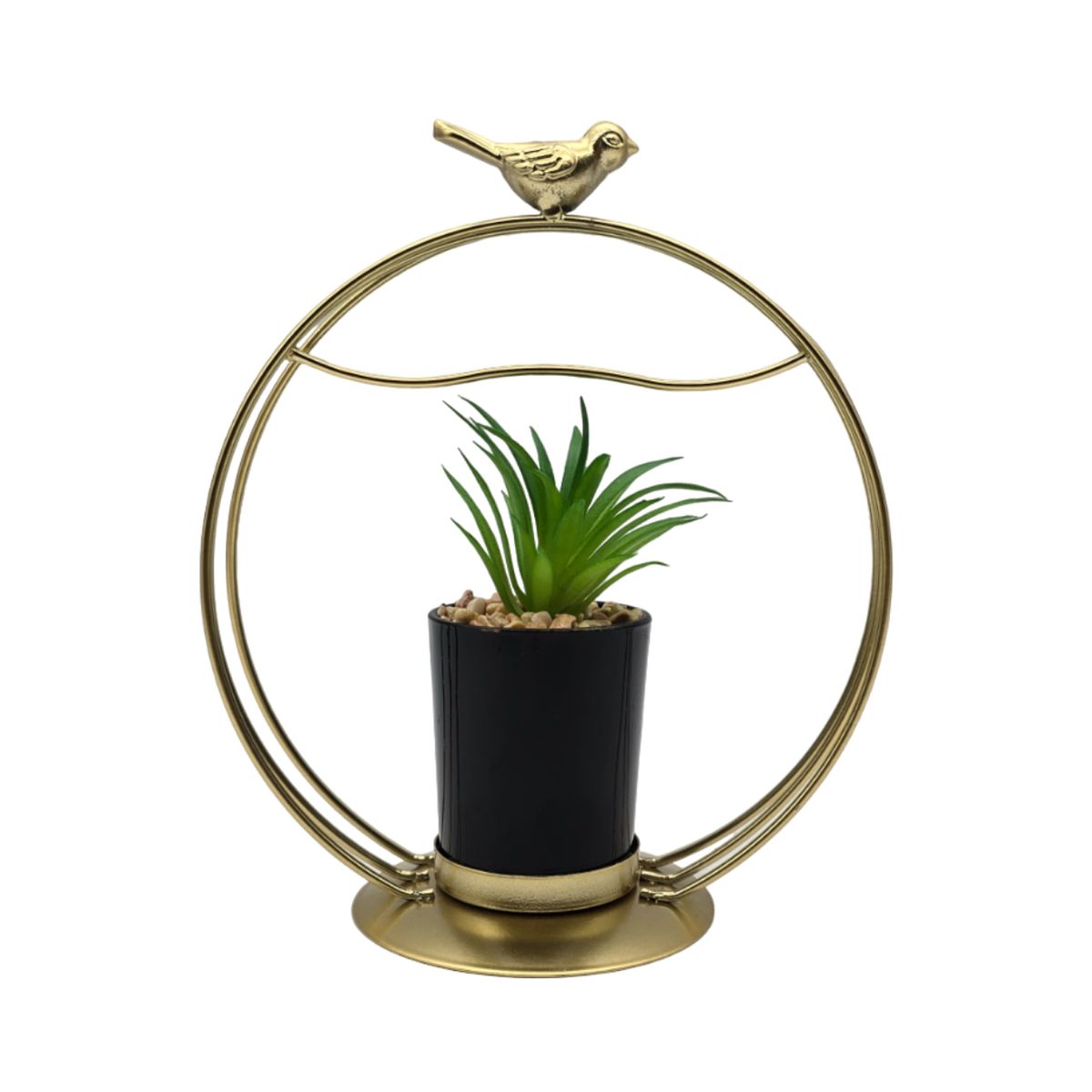GENERICO - Figura Decorativa Candelabro Pajarito Dorado Con Mini Planta