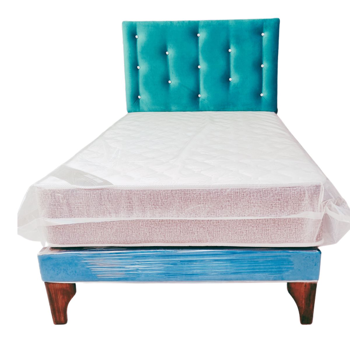 GENERICO - Cama Europea 1 1/2P Respaldo Turquesa Felpa Diamante Colchón Resorte