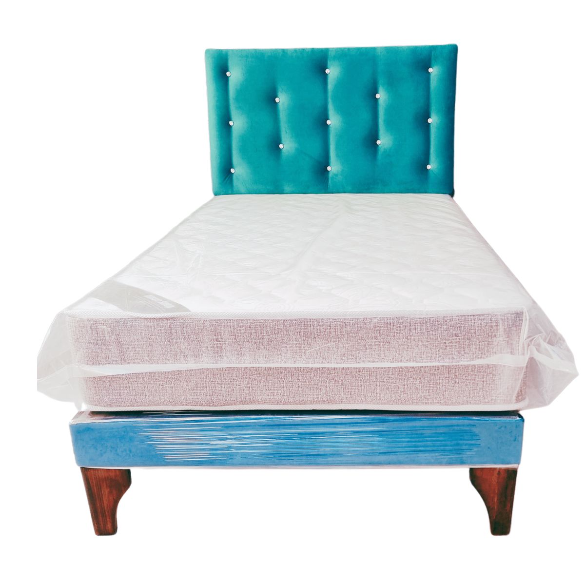 GENERICO - Cama Europea 1 1/2P Respaldo Turquesa Felpa Diamante Colchón Resorte