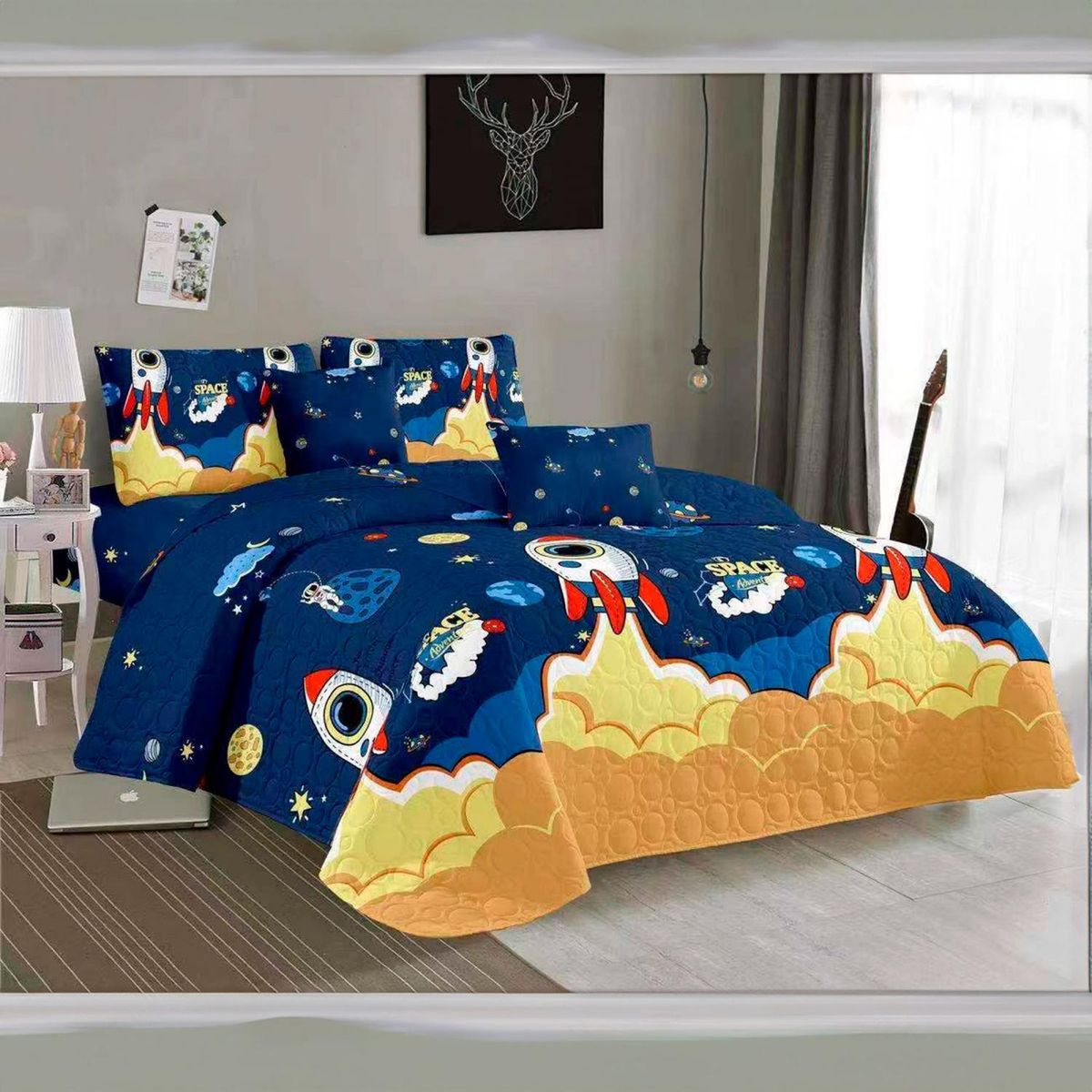 GENERICO - Cubrecama Quilt Verano 1.5 Plazas+funda 50x70 Space Azul 612