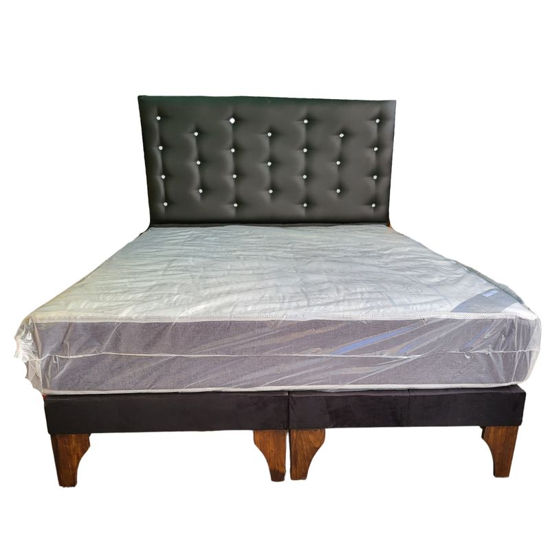 GENERICO - Cama Europea 2 Plazas + Respaldo Negro A Piso + Colchón Resorte