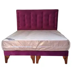 GENERICO - Cama Europea 2 Plazas + Respaldo Morado A Piso + Colchón Resorte