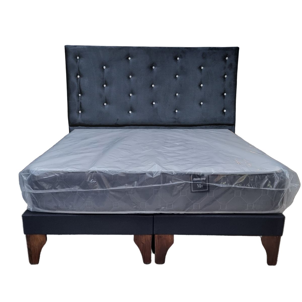 GENERICO - Cama Europea 2 Plazas + Respaldo Negro A Piso + Colchón Resorte