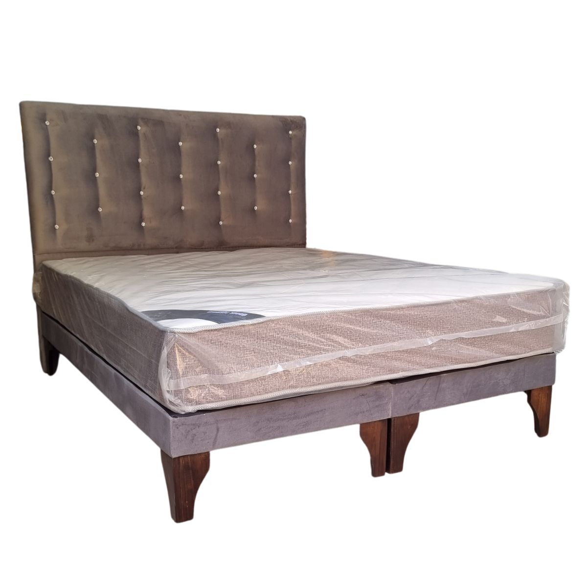 GENERICO - Cama Europea 2 Plazas + Respaldo Gris A Piso + Colchón Resorte