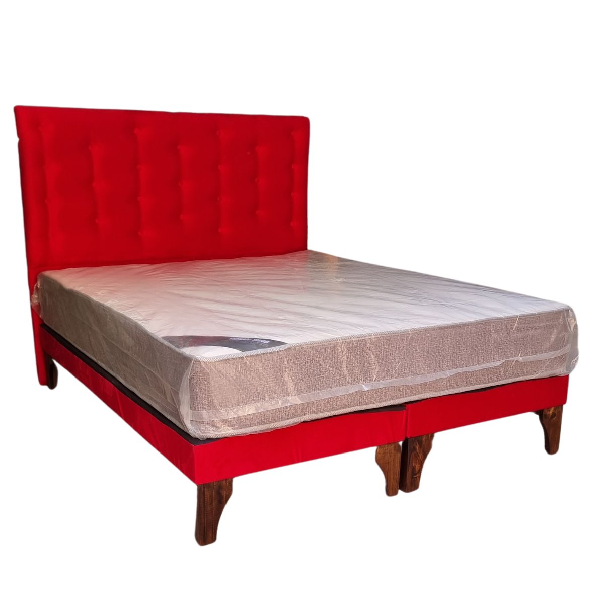 GENERICO - Cama Europea 2 Plazas + Respaldo Rojo A Piso + Colchón Resorte