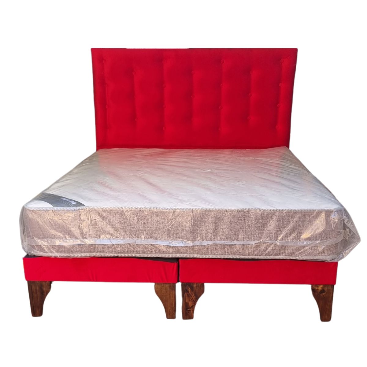 GENERICO - Cama Europea 2 Plazas + Respaldo Rojo A Piso + Colchón Resorte