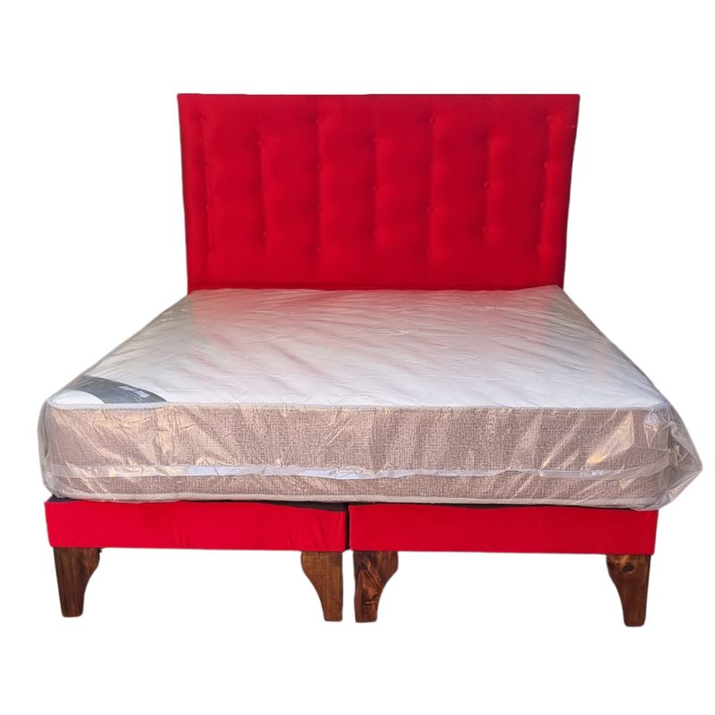 GENERICO - Cama Europea 2 Plazas + Respaldo Rojo A Piso + Colchón Resorte