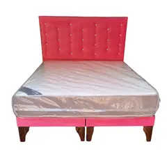 GENERICO - Cama Europea 2 Plazas + Respaldo Rosado A Piso Colchón Resorte Bonnell
