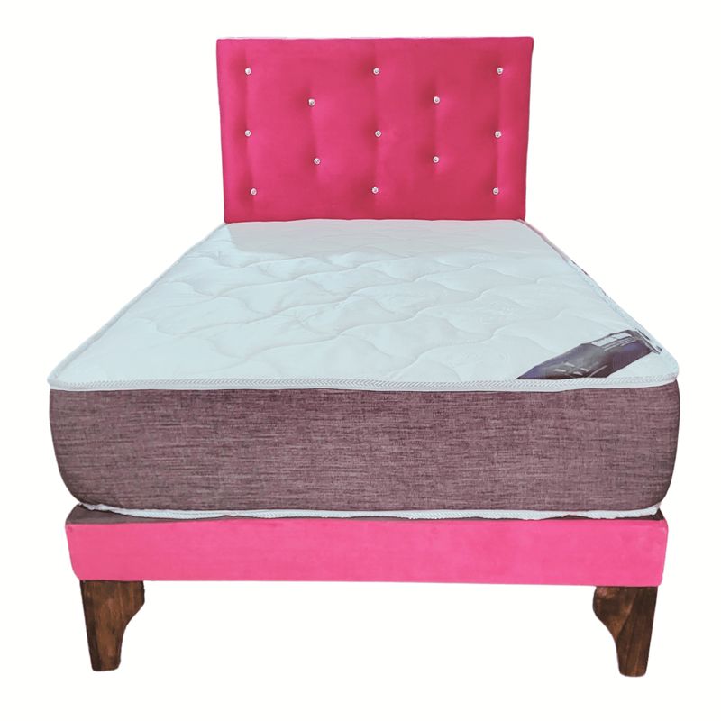 GENERICO - Cama Europea 1 1/2P Respaldo Fucsia Felpa Diamante Colchón Resorte