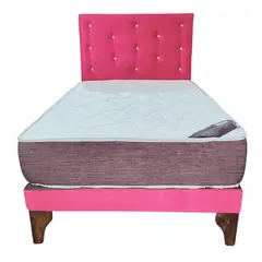 GENERICO - Cama Europea 1 1/2P Respaldo Fucsia Felpa Diamante Colchón Resorte
