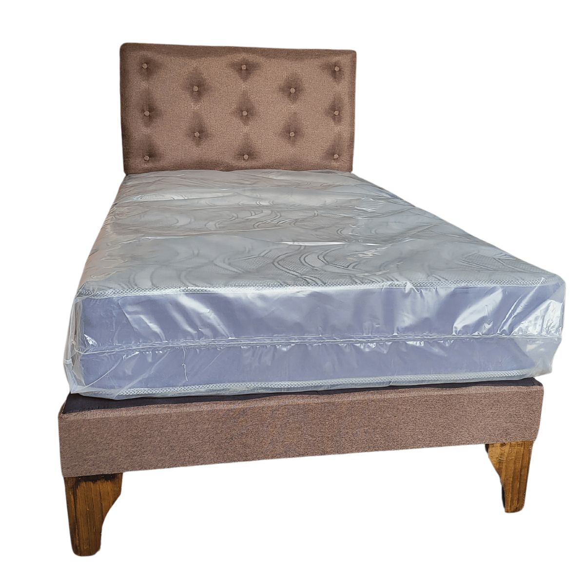 GENERICO - Cama Europea 1 1/2P Respaldo Cafe Lino Colchón Resorte Bonnell