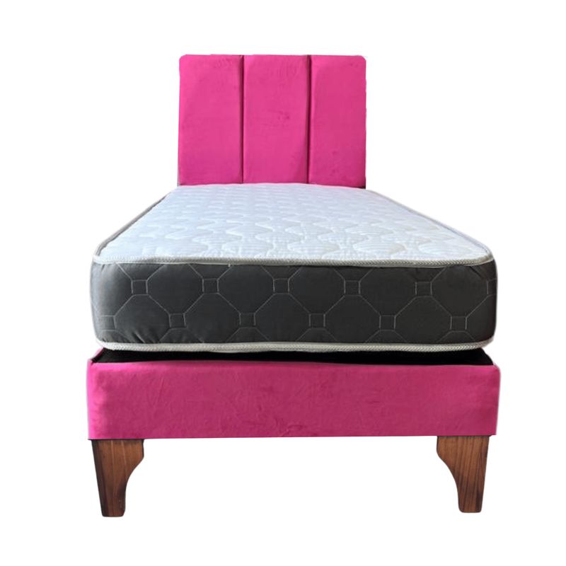GENERICO - Cama Europea 1Plaza Respaldo Fucsia Felpa Colchón Resorte Bonnell
