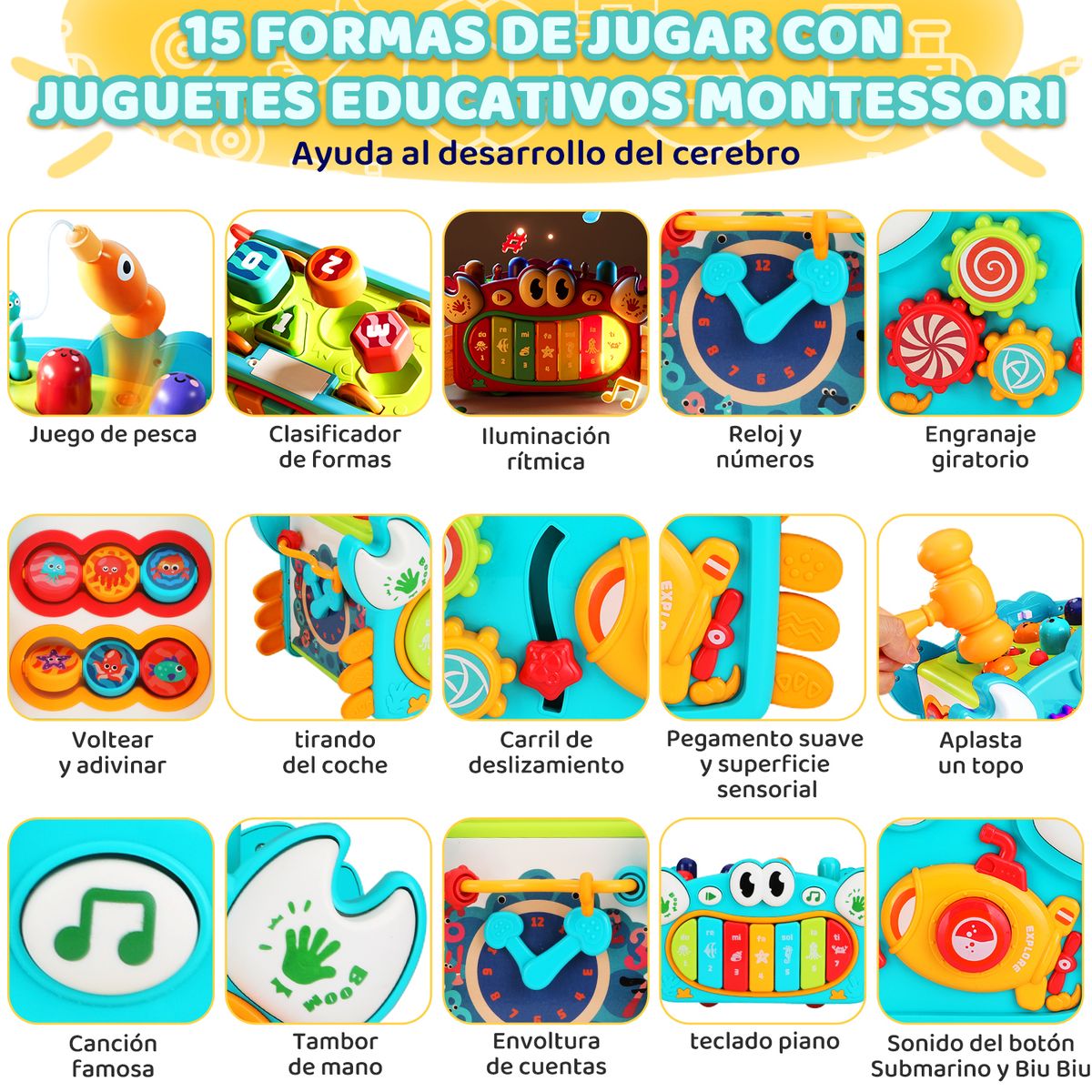 LUKOVEE - Juguete Montessori Didáctico 15 En 1 Para Bebé Luz Y Musica