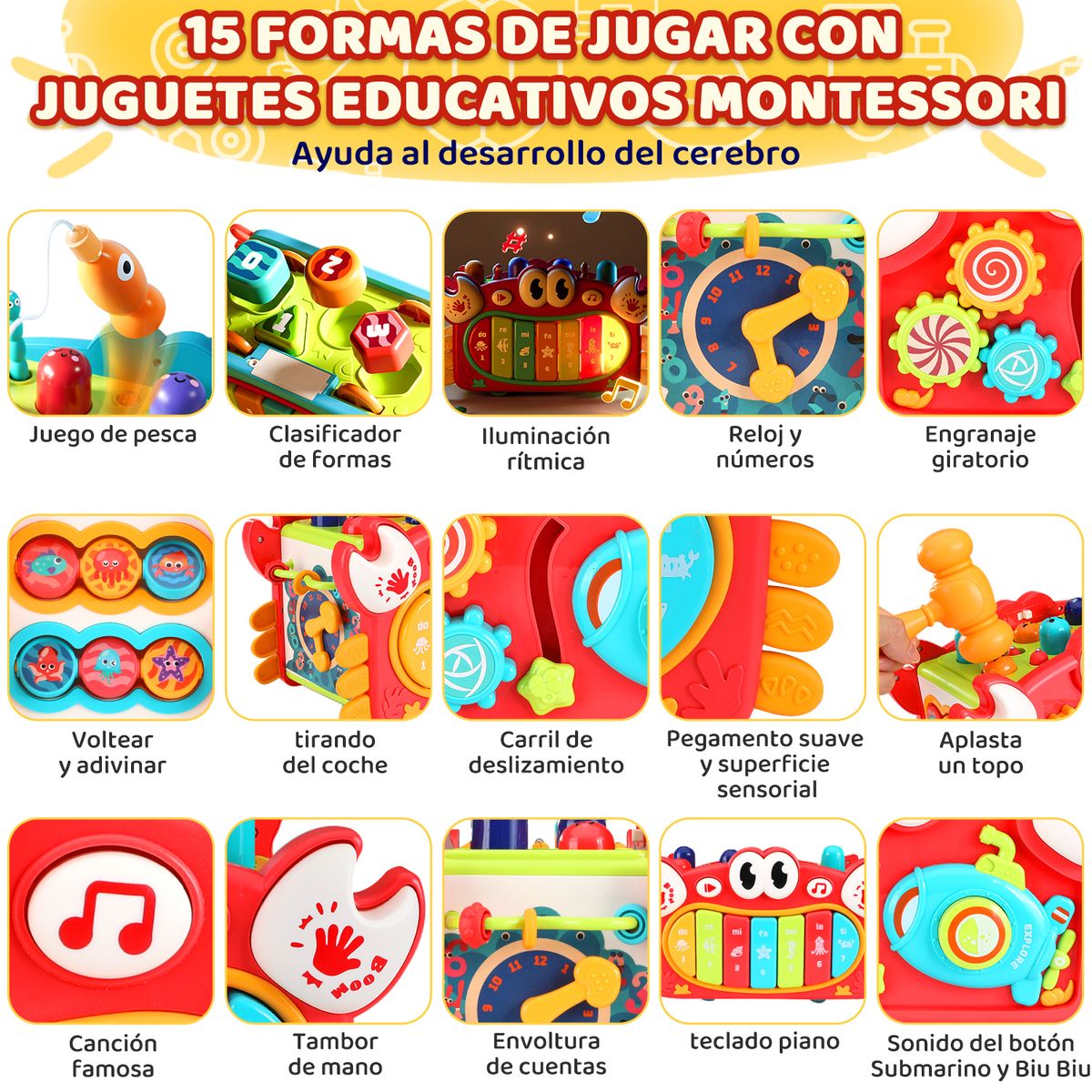 LUKOVEE - Juguete Montessori Didáctico 15 En 1 Para Bebé Luz Y Musica