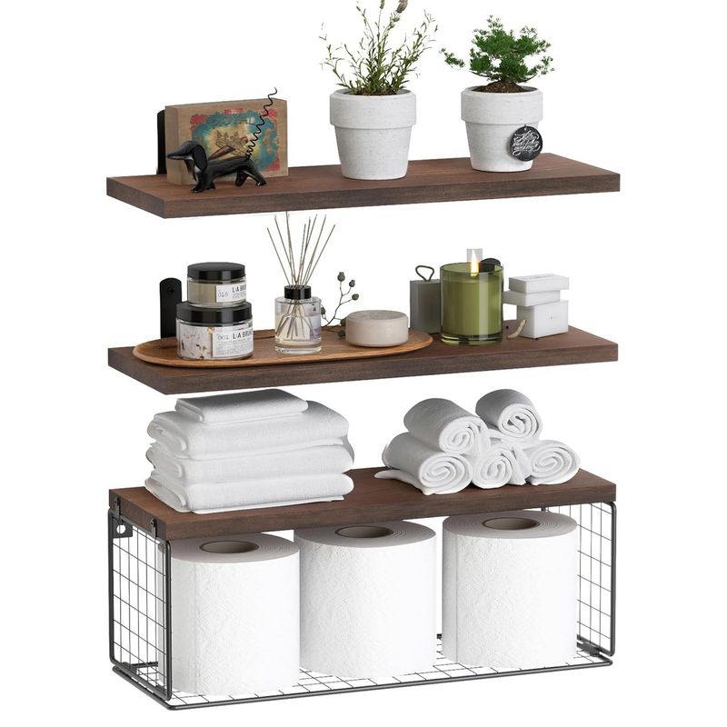 ELEMENT DESIGN - Repisas Flotantes De Madera Pino con Cesta Kit X3 Marrón Rústico