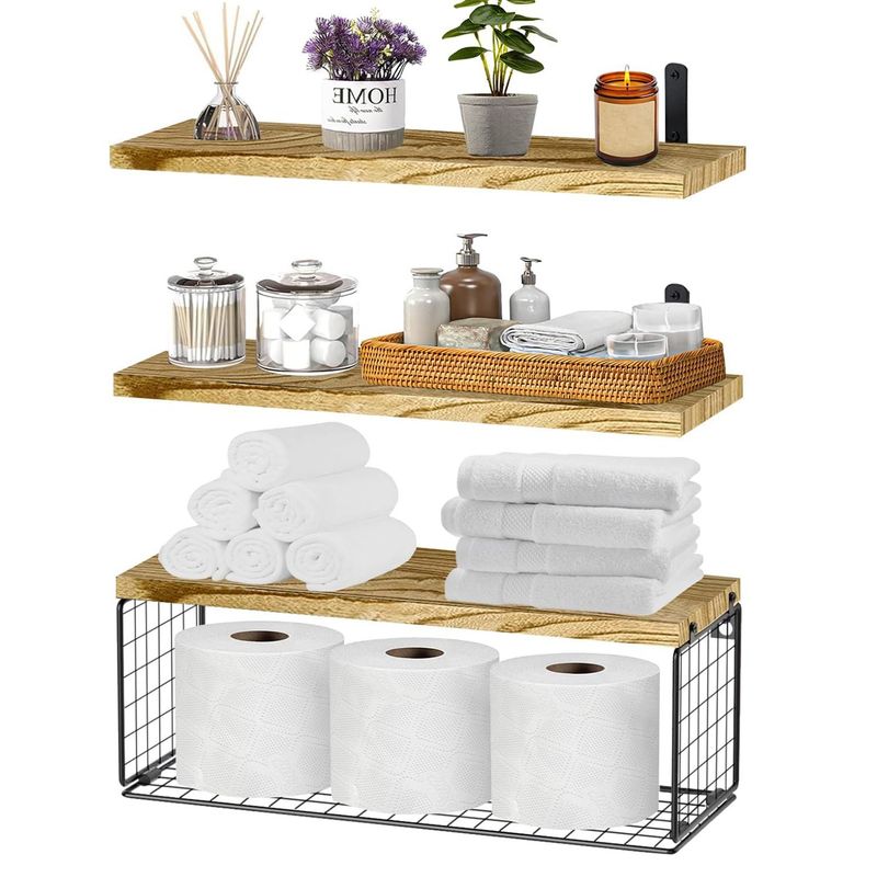 ELEMENT DESIGN - Repisas Flotantes De Madera Pino con Cesta Kit X3 Marrón