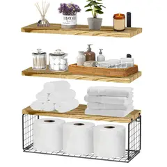 ELEMENT DESIGN - Repisas Flotantes De Madera Pino con Cesta Kit X3 Marrón